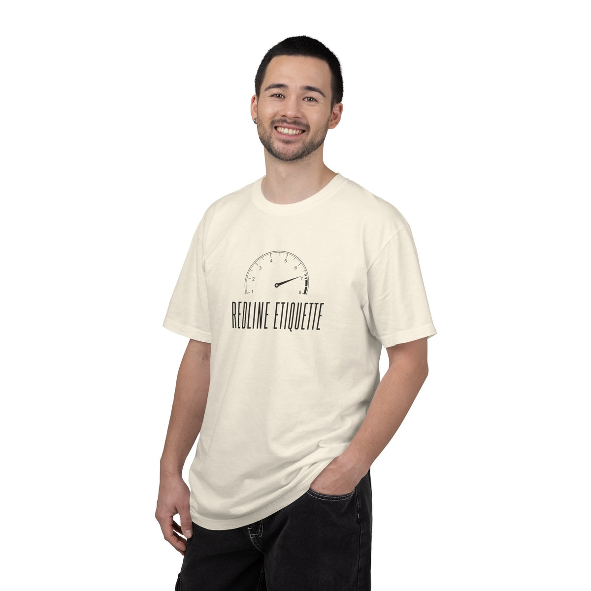 Ivory T-shirt on model with chest logo print featuring gauge graphic and text
