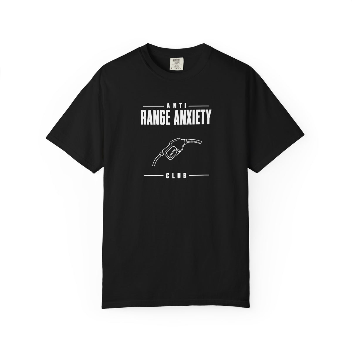Black crew-neck T-shirt with "ANTI RANGE ANXIETY" text and hand graphic front print