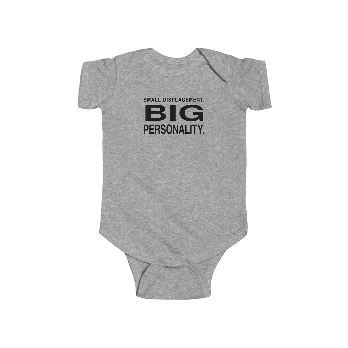 Heather gray baby bodysuit with short sleeves and front slogan graphic