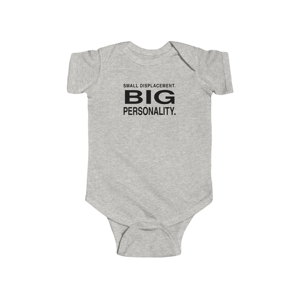 Heather gray baby bodysuit with short sleeves and front slogan graphic