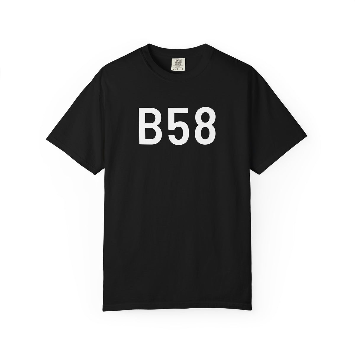 Black crewneck T-shirt with large white B58 print on the front
