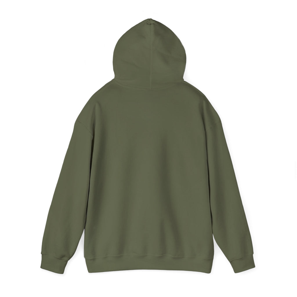 Military green pullover hoodie with attached hood and front kangaroo pocket