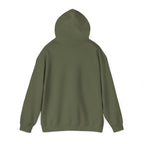 Military green pullover hoodie with attached hood and front kangaroo pocket