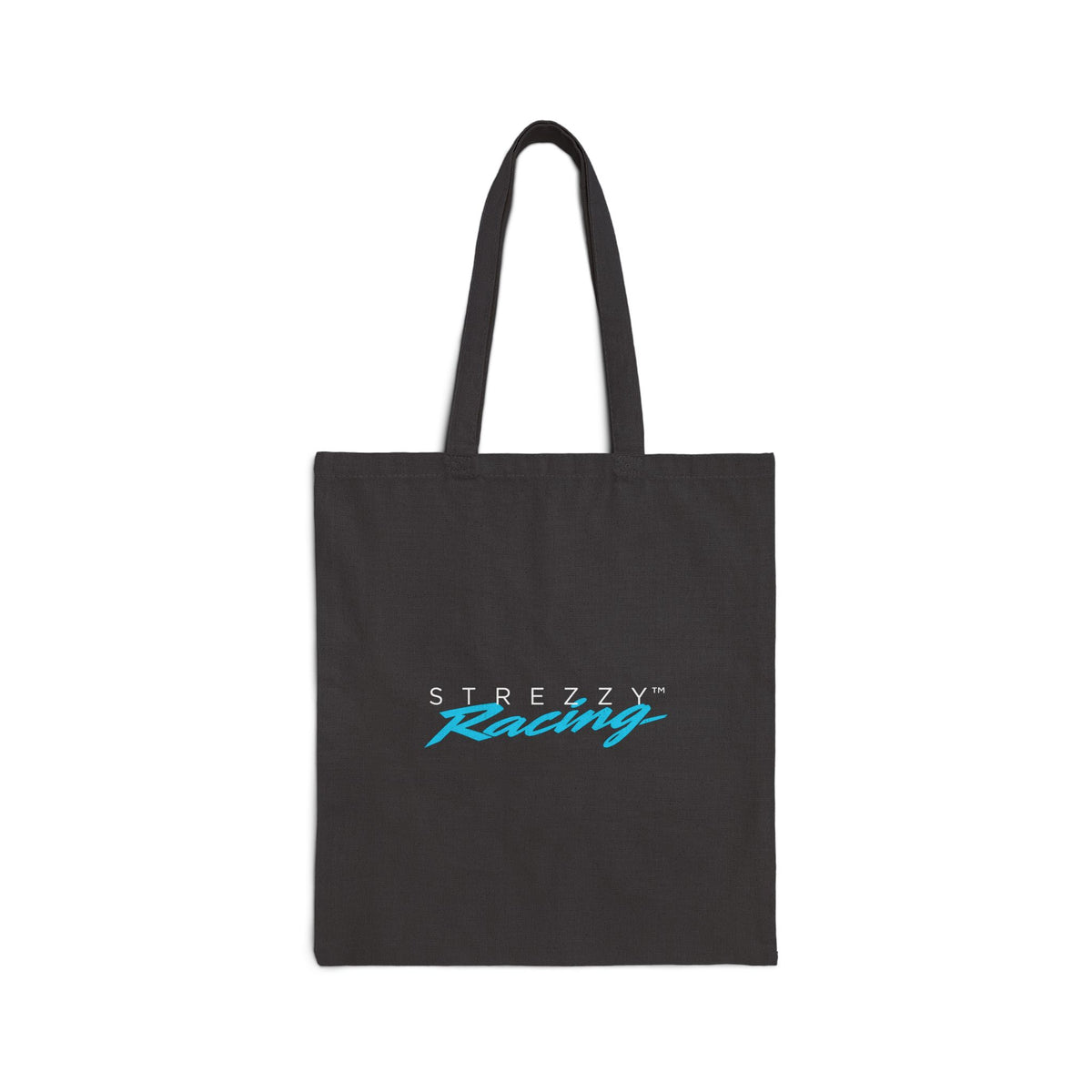 Black canvas tote bag with two handles and Strezzy Racing logo on front.
