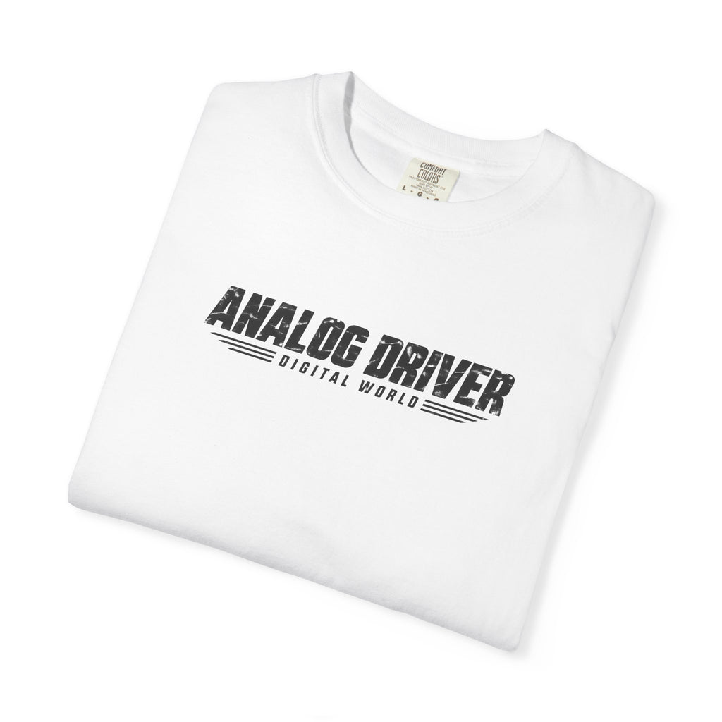 White graphic T-shirt laid flat, showing “ANALOG DRIVER” chest logo