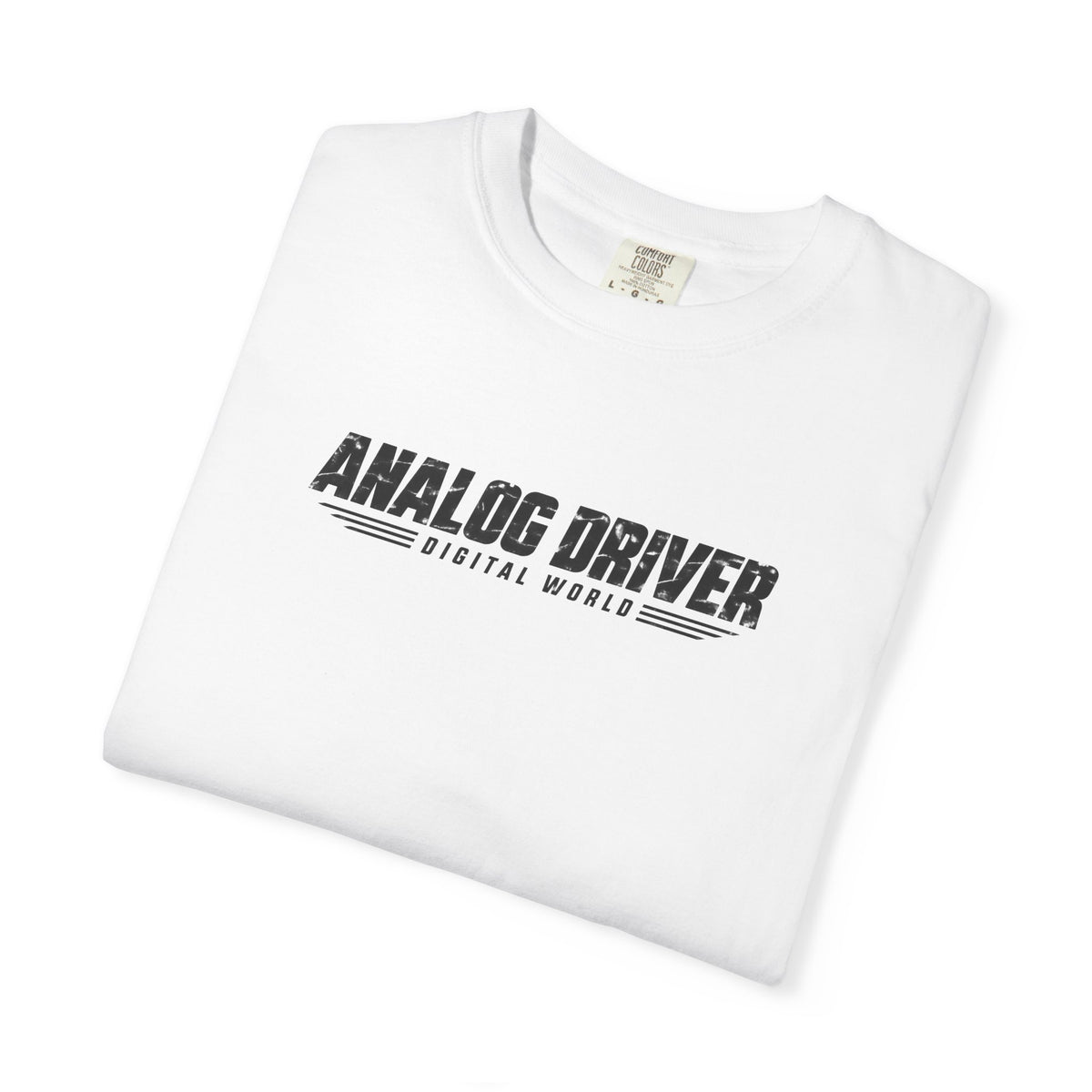 White graphic T-shirt laid flat, showing “ANALOG DRIVER” chest logo