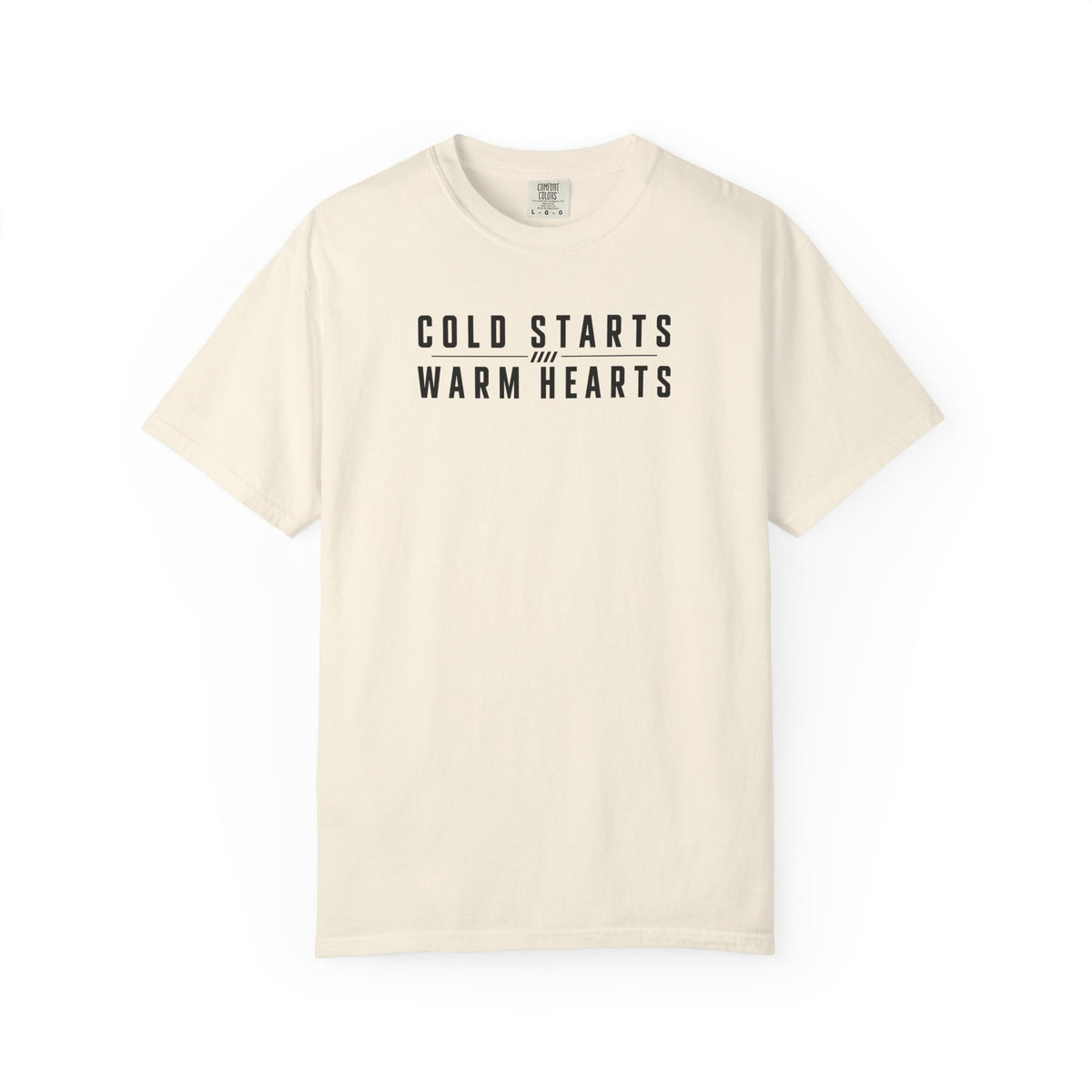 Ivory T-shirt with “COLD STARTS WARM HEARTS” graphic on the front