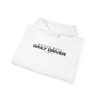 White pullover hoodie with drawstring hood and front logo print