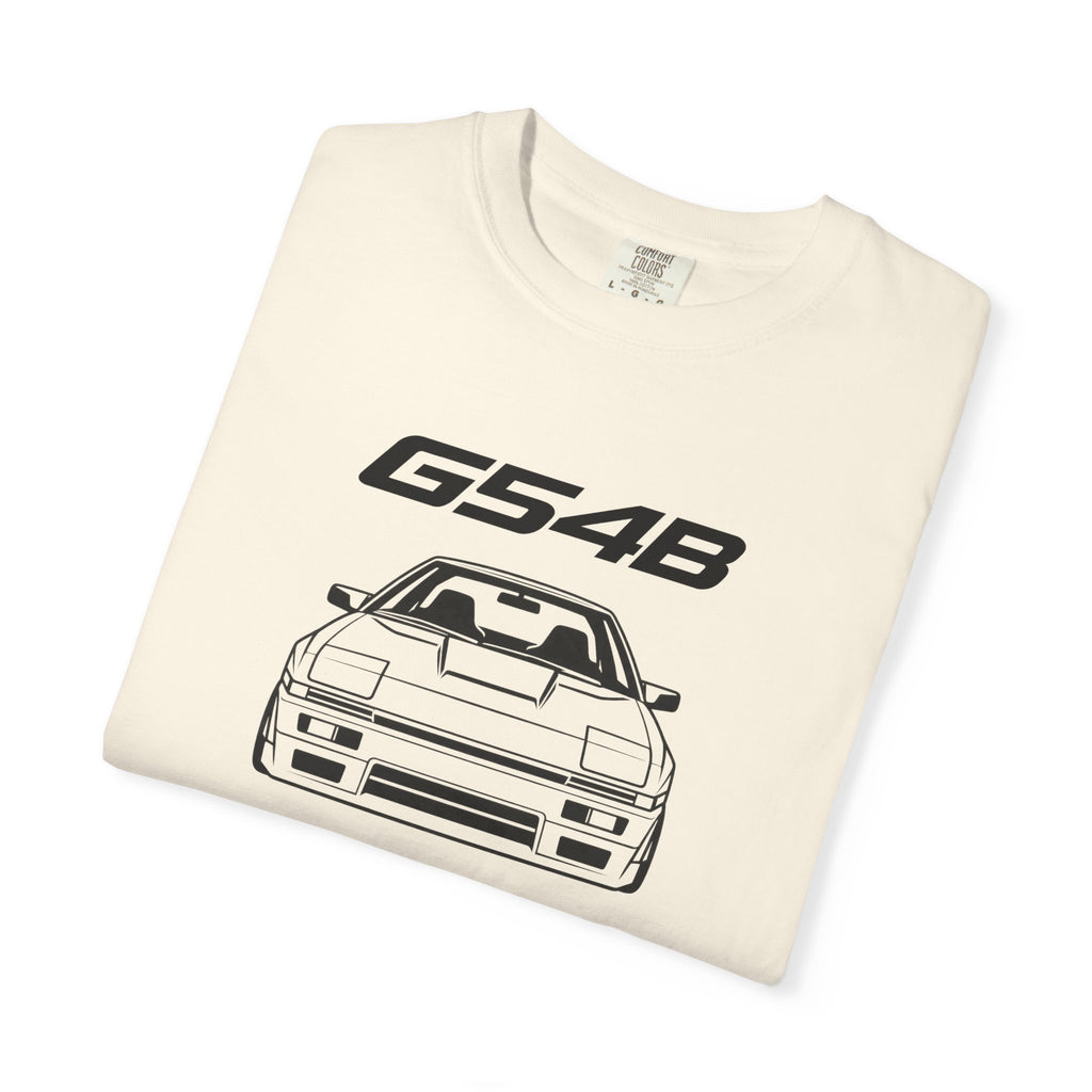 Ivory JDM T-shirt front closeup with G54B and car line-art graphic