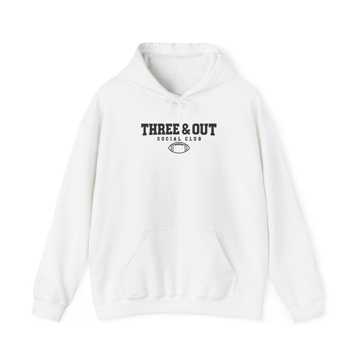 White pullover hoodie with front pouch pocket, drawstring hood, and Three & Out logo print