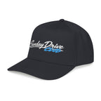Black baseball cap with embroidered logo across front panel
