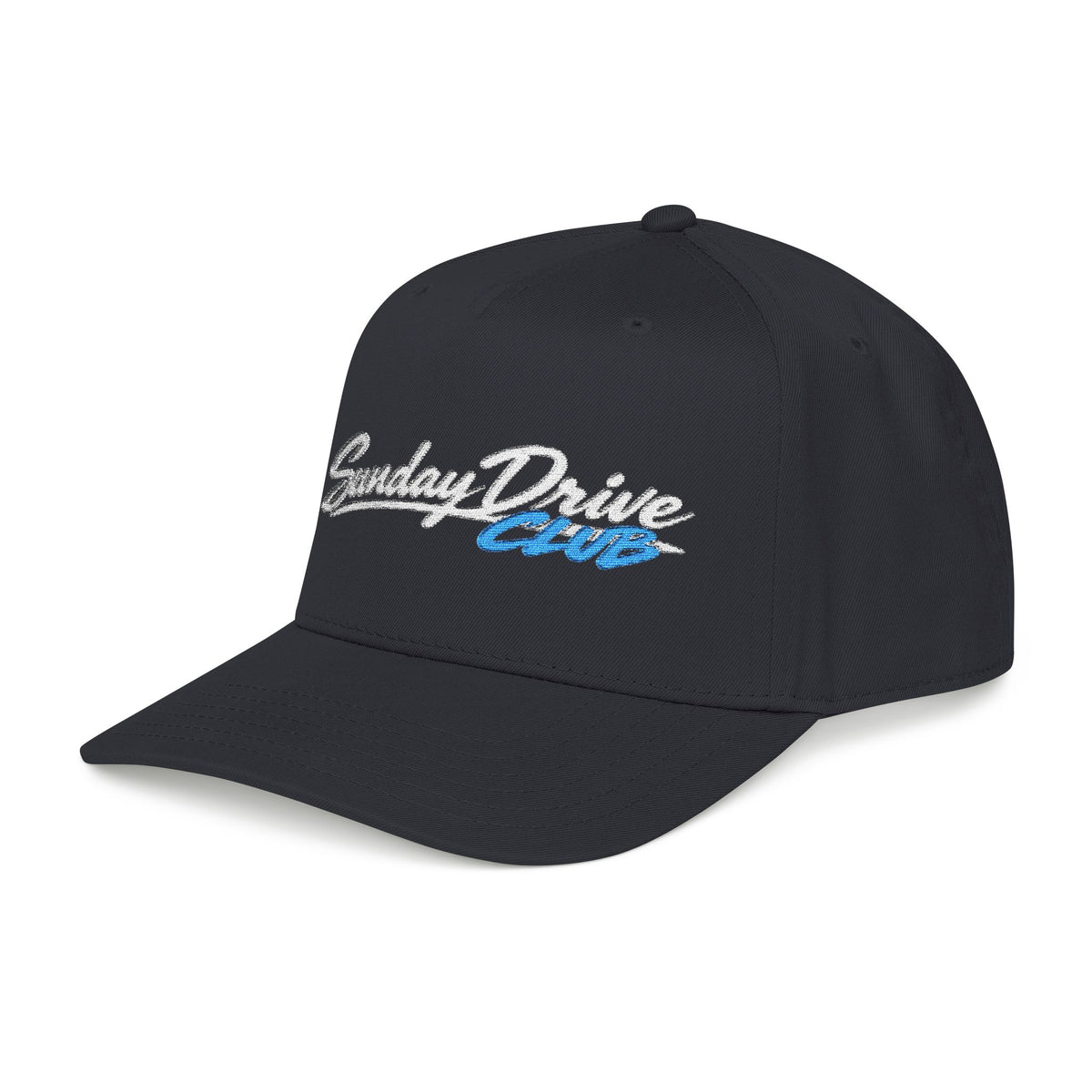 Black baseball cap with embroidered logo across front panel