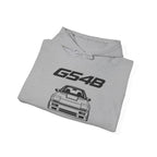 Sport grey hoodie with G54B car graphic and front pouch pocket, adjustable drawstring hood