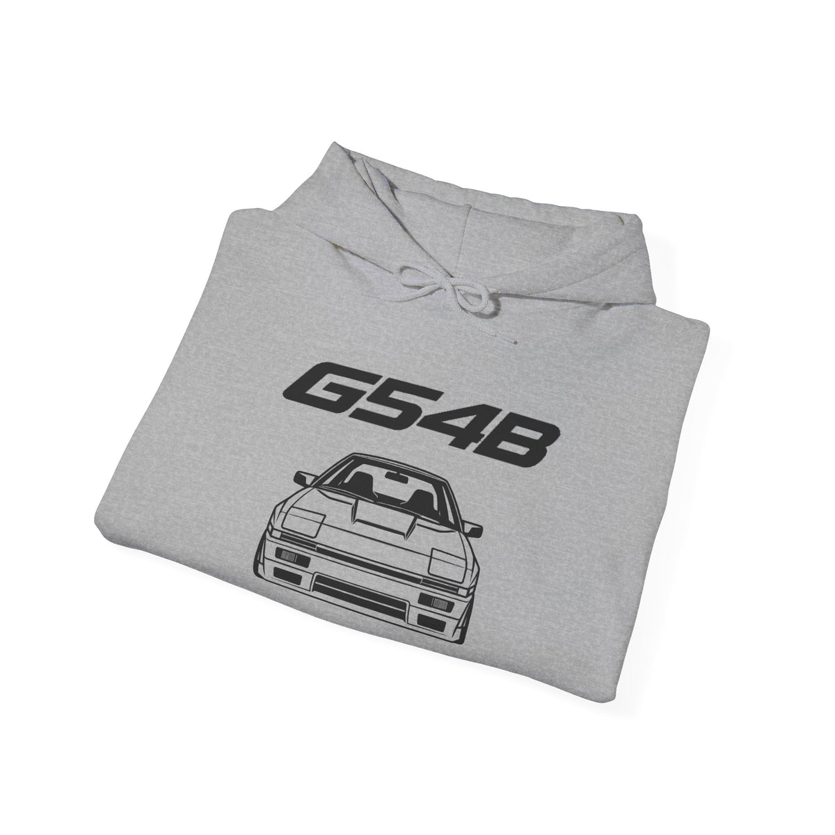 Sport grey hoodie with G54B car graphic and front pouch pocket, adjustable drawstring hood