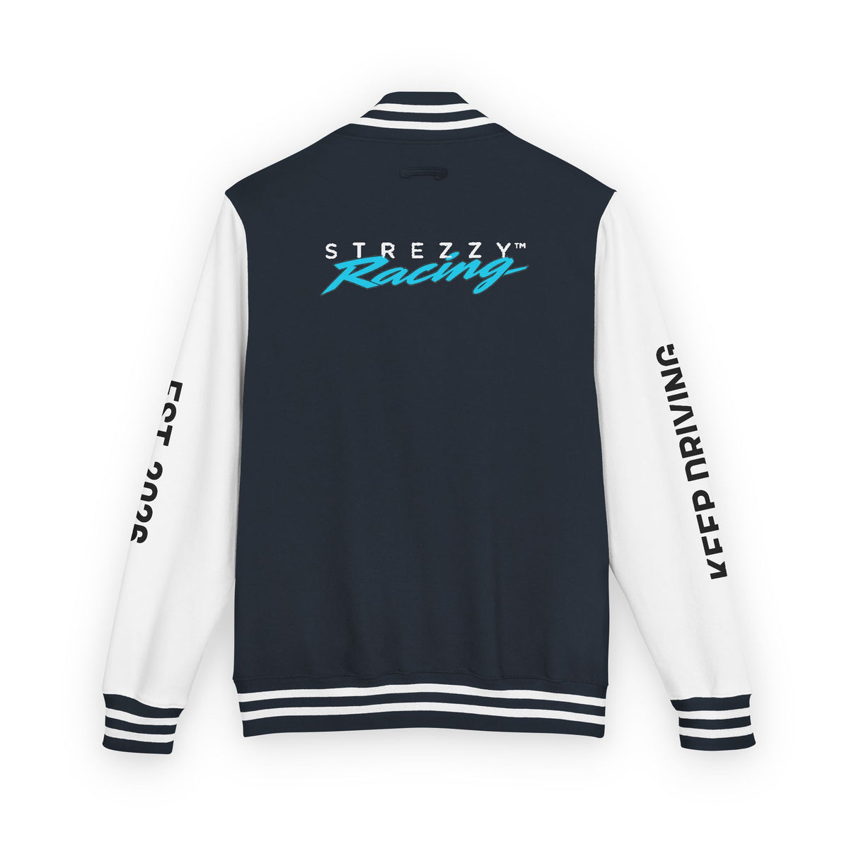 Back view of dark varsity racing jacket with white sleeves, striped rib trim, racing logo across back