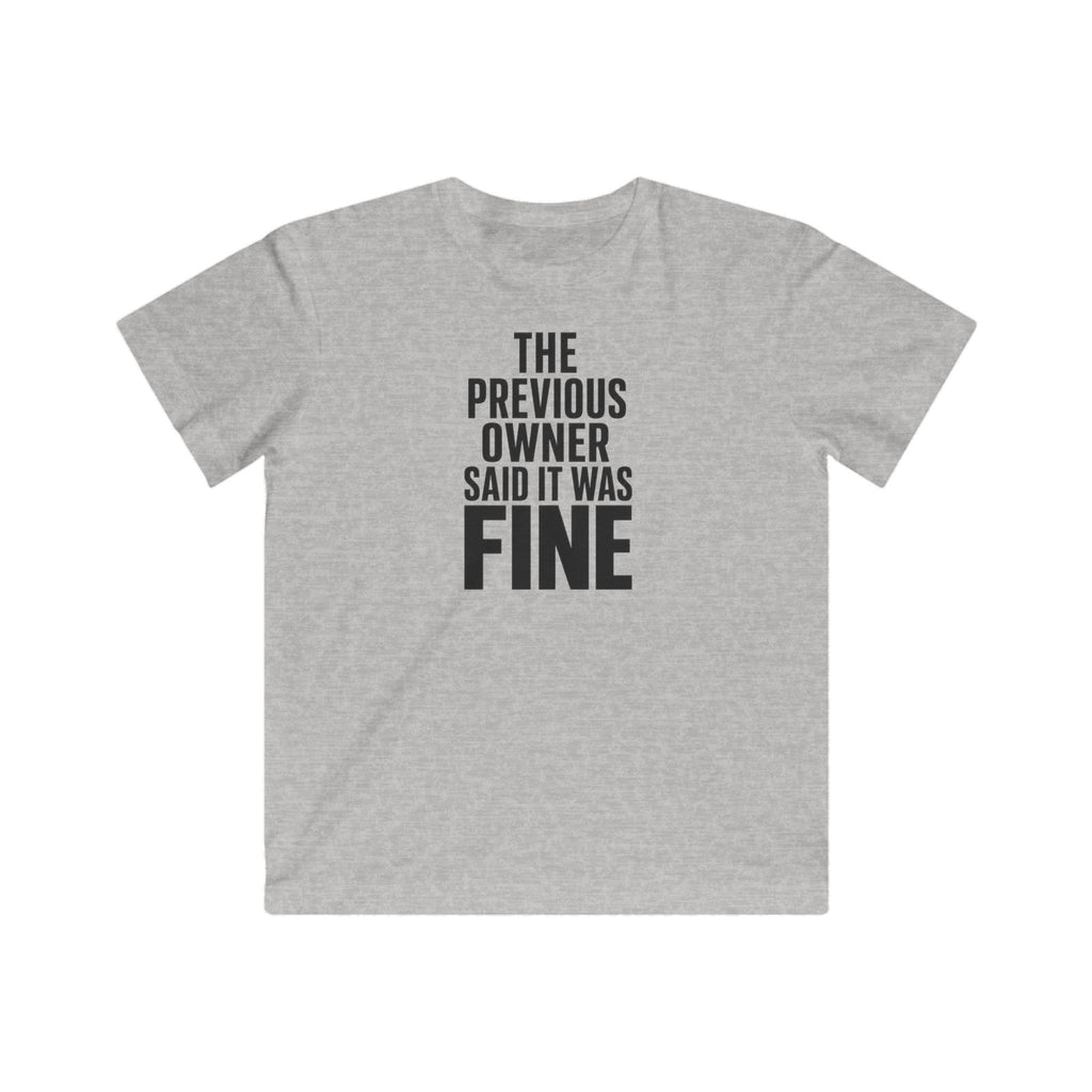 Kids graphic T-shirt, heather gray with 'FINE' slogan text print
