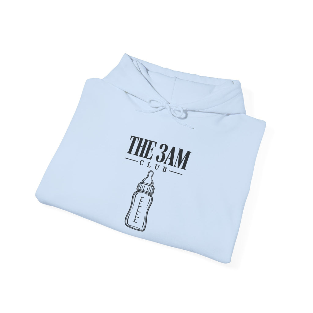 Light blue pullover hoodie with baby bottle club graphic and drawstring hood