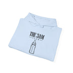 Light blue pullover hoodie with baby bottle club graphic and drawstring hood