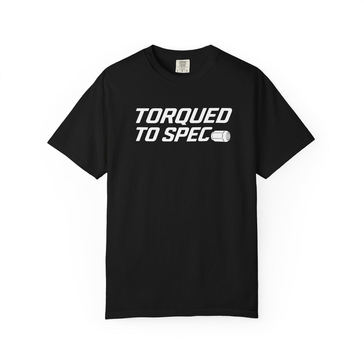 Black crewneck graphic T-shirt with bold “TORQUED TO SPEC” print on chest