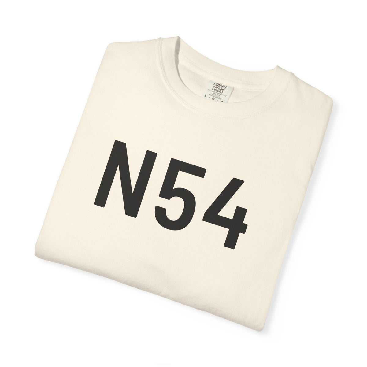 Ivory crew-neck T-shirt with bold black “N54” graphic on the front