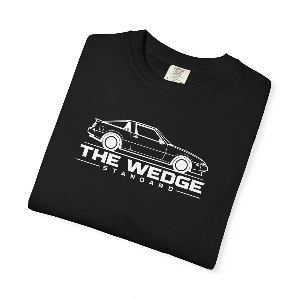 Black crew-neck T-shirt with white car logo graphic on front.