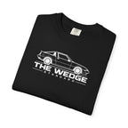 Black crew-neck T-shirt with white car logo graphic on front.