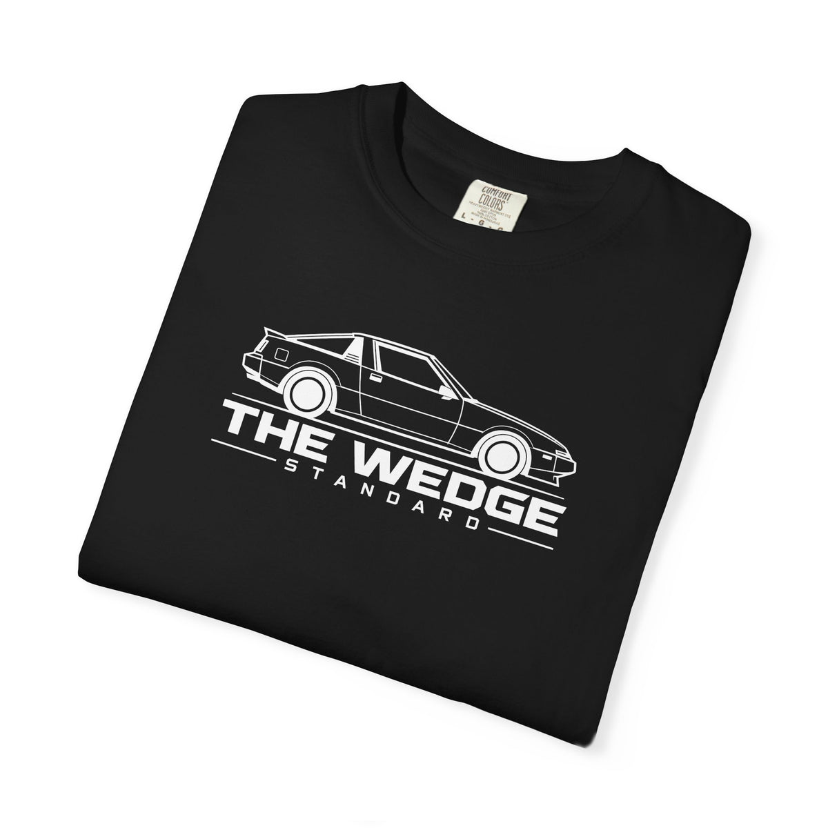 Black crew-neck T-shirt with white car logo graphic on front.