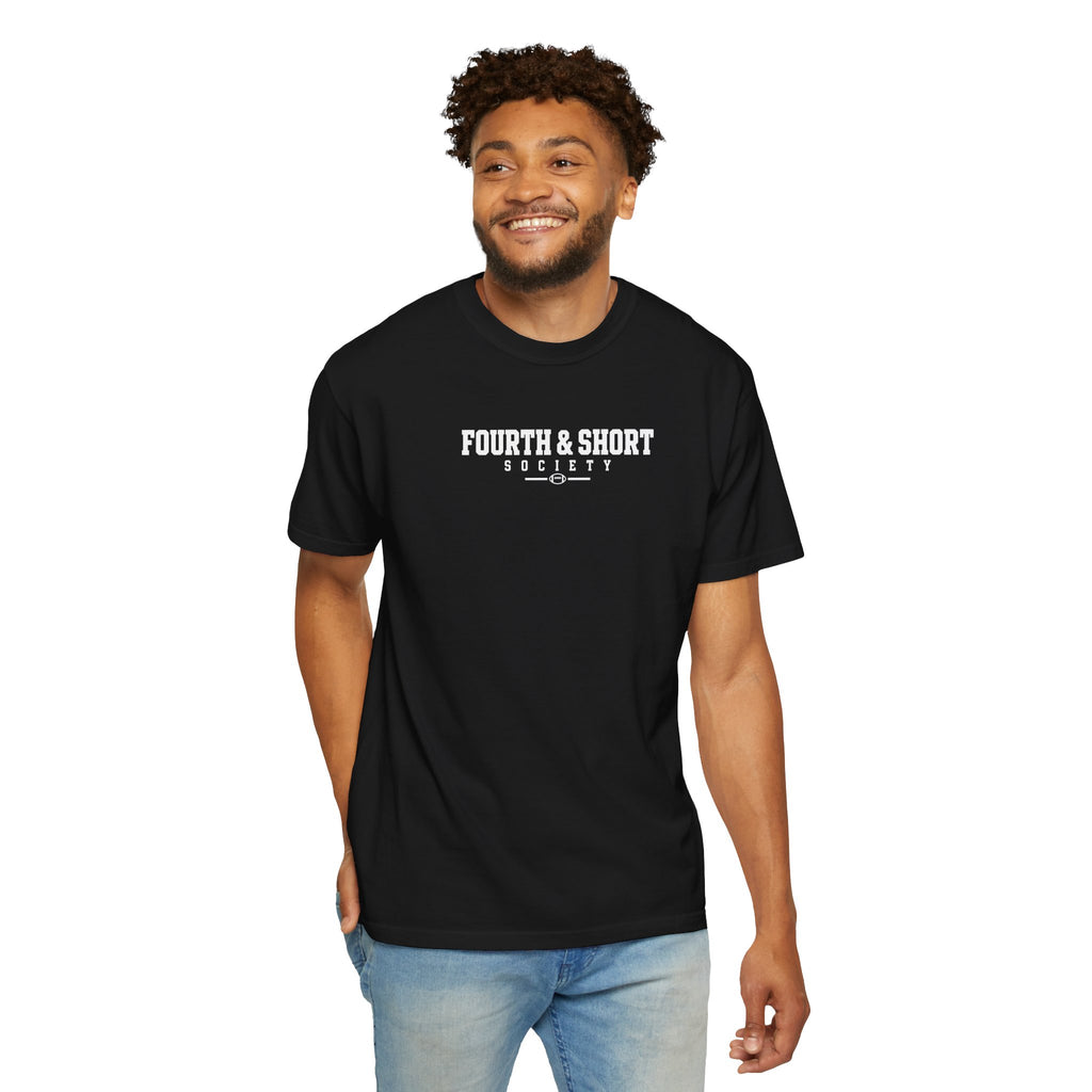 Black crewneck football t-shirt with chest logo text, worn by model