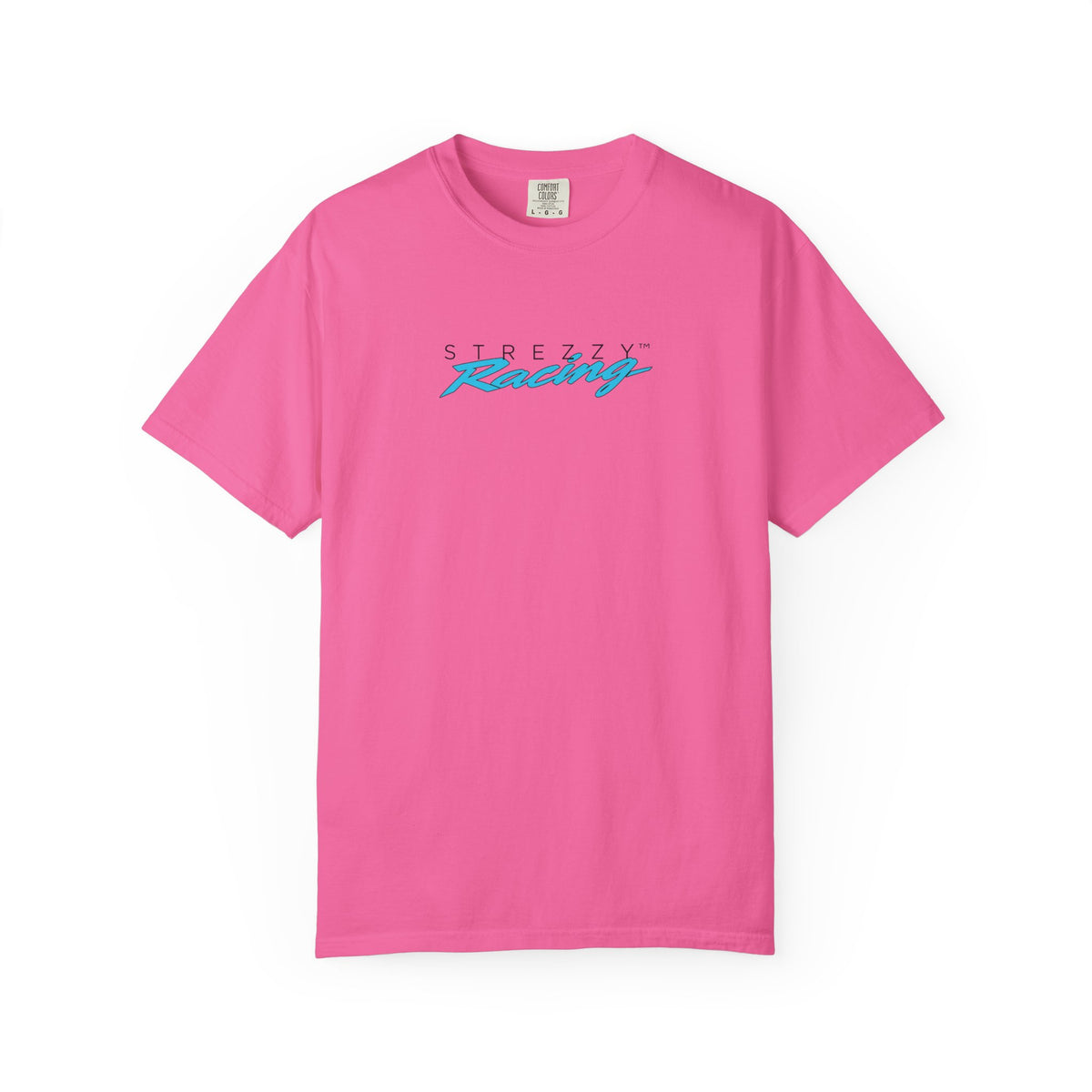Pink short-sleeve crewneck t-shirt with colorful Strezzy Racing logo on chest