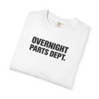 White T-shirt with bold 'OVERNIGHT PARTS DEPT.' text on the chest