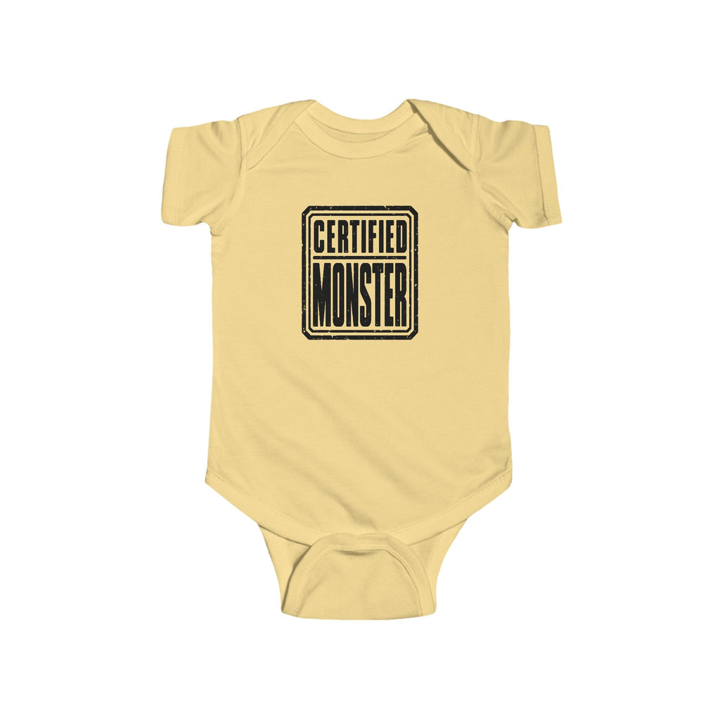 Yellow baby bodysuit with “CERTIFIED MONSTER” graphic on front