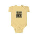 Yellow baby bodysuit with “CERTIFIED MONSTER” graphic on front