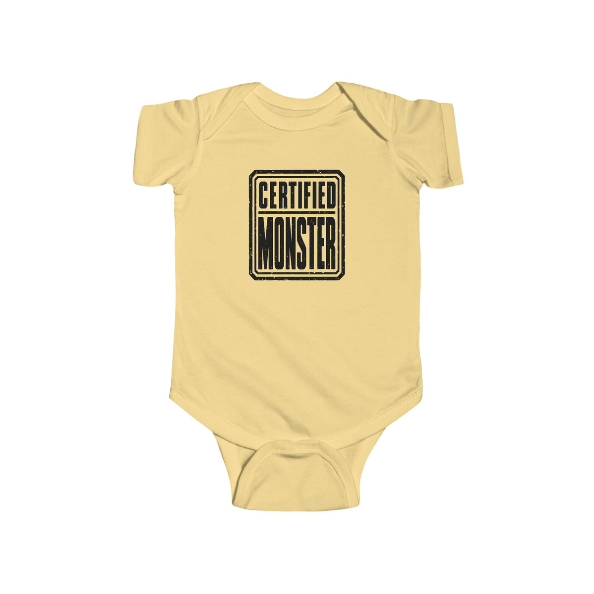 Yellow baby bodysuit with “CERTIFIED MONSTER” graphic on front