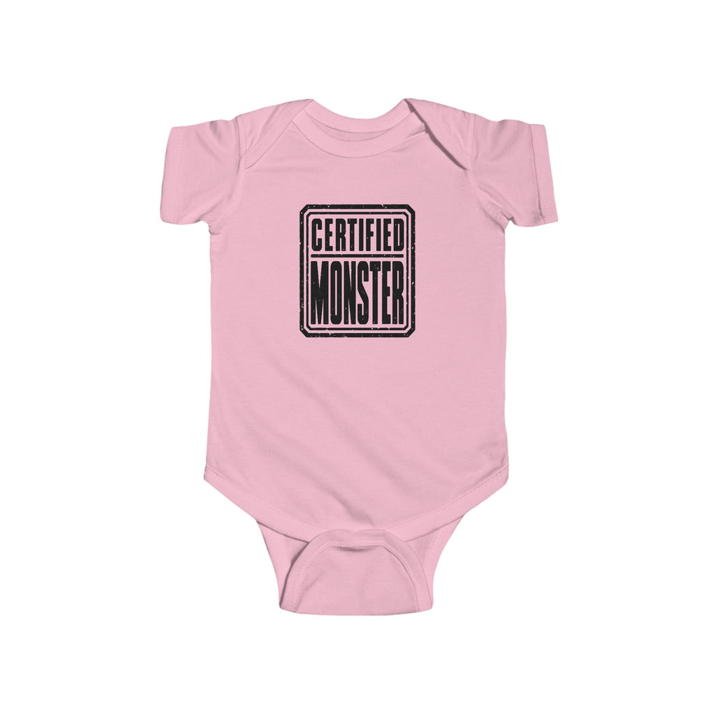 Pink baby bodysuit with “CERTIFIED MONSTER” graphic on front