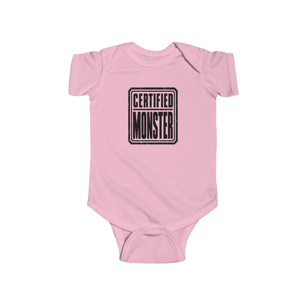 Pink baby bodysuit with “CERTIFIED MONSTER” graphic on front