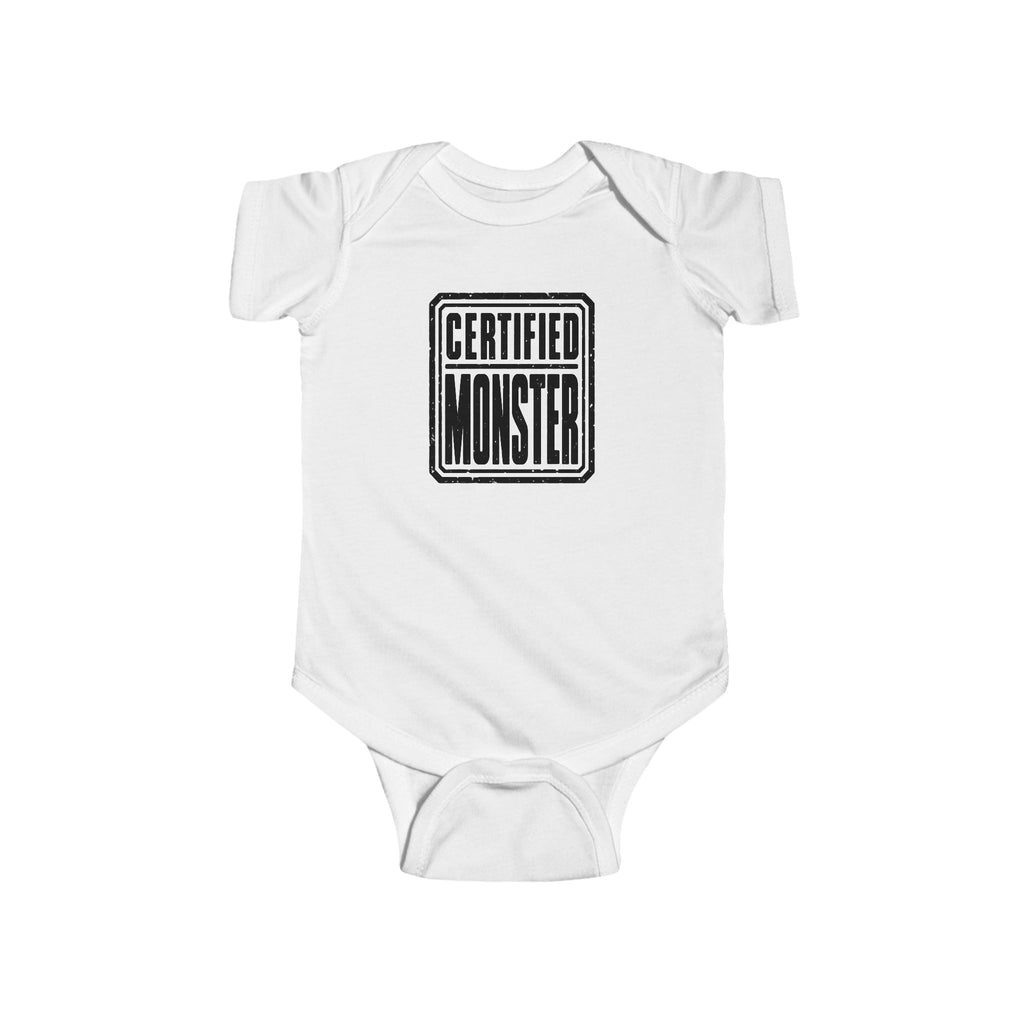 White baby bodysuit with “CERTIFIED MONSTER” graphic on front