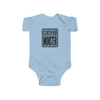 Light blue baby bodysuit with “CERTIFIED MONSTER” graphic on front