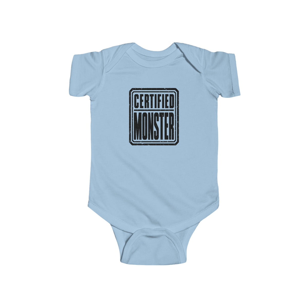 Light blue baby bodysuit with “CERTIFIED MONSTER” graphic on front