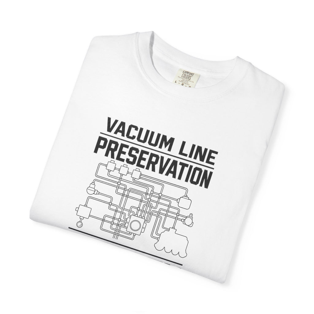 White t-shirt with front Vacuum Line Preservation Society graphic and illustration