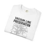 White t-shirt with front Vacuum Line Preservation Society graphic and illustration