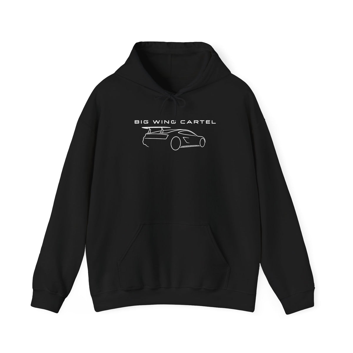 Black hoodie with BIG WING CARTEL car graphic, kangaroo pocket, drawstring hood