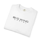 White crew-neck T-shirt with BIG WING CARTEL chest logo, tag visible