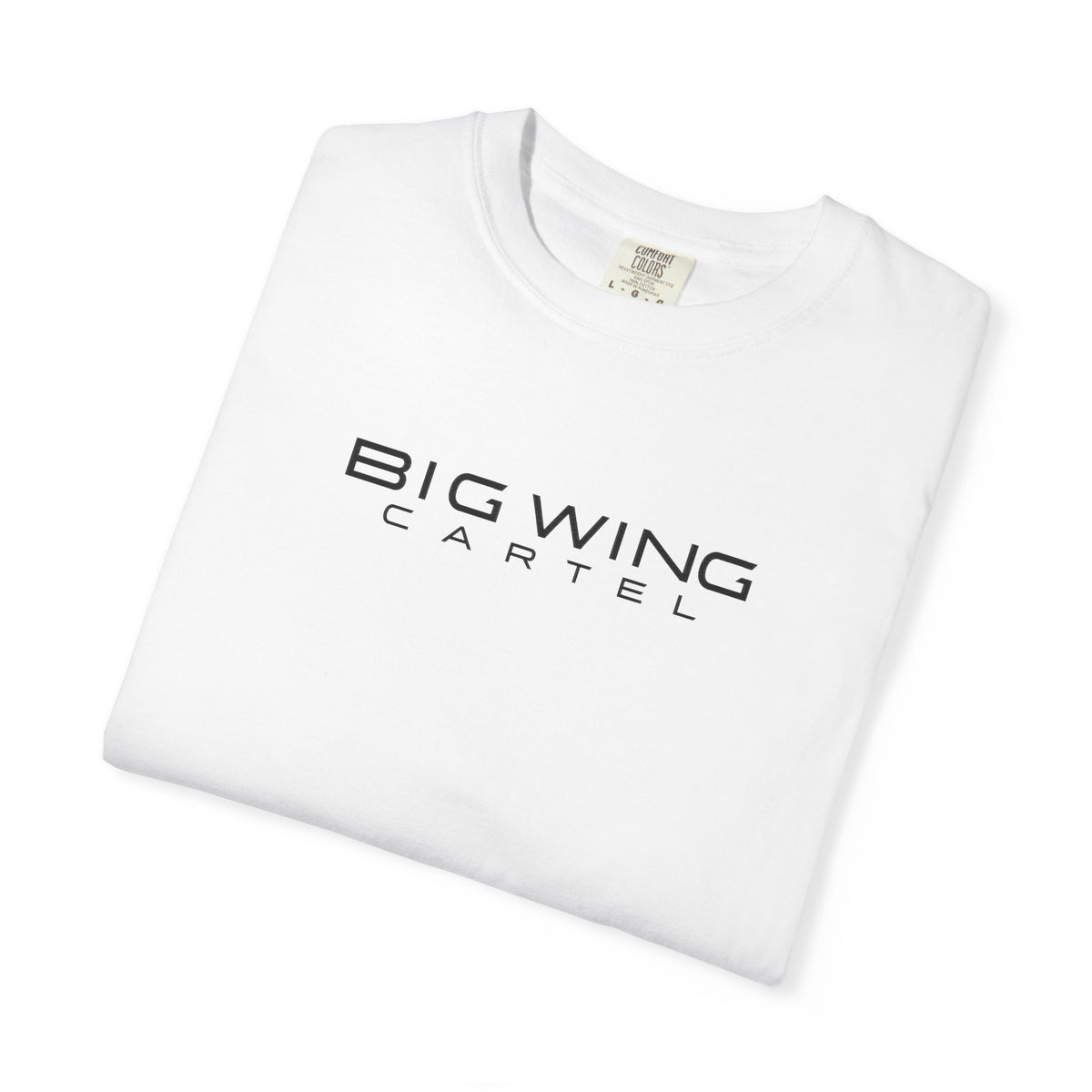 White crew-neck T-shirt with BIG WING CARTEL chest logo, tag visible