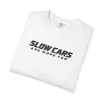 White crew-neck T-shirt with 'SLOW CARS ARE MORE FUN' graphic