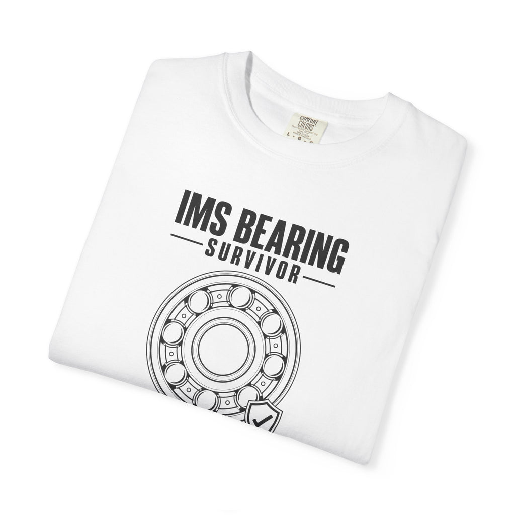 White crew-neck T-shirt with large 'IMS BEARING SURVIVOR' wheel graphic