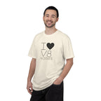 Ivory T-shirt with 'I ♥ V8 NOISES' graphic front on model