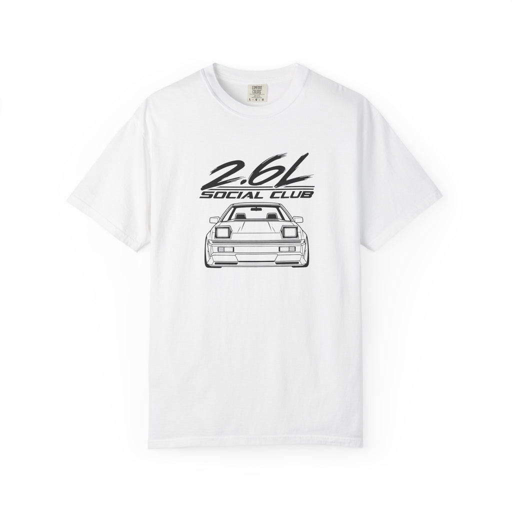 White crew-neck T-shirt with 2.6L Social Club JDM car graphic