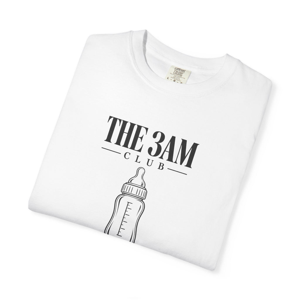 White crew-neck baby bottle T-shirt with “THE 3AM CLUB” front graphic