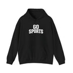 Go Sports hoodie in black with front kangaroo pocket, drawstring hood, and logo