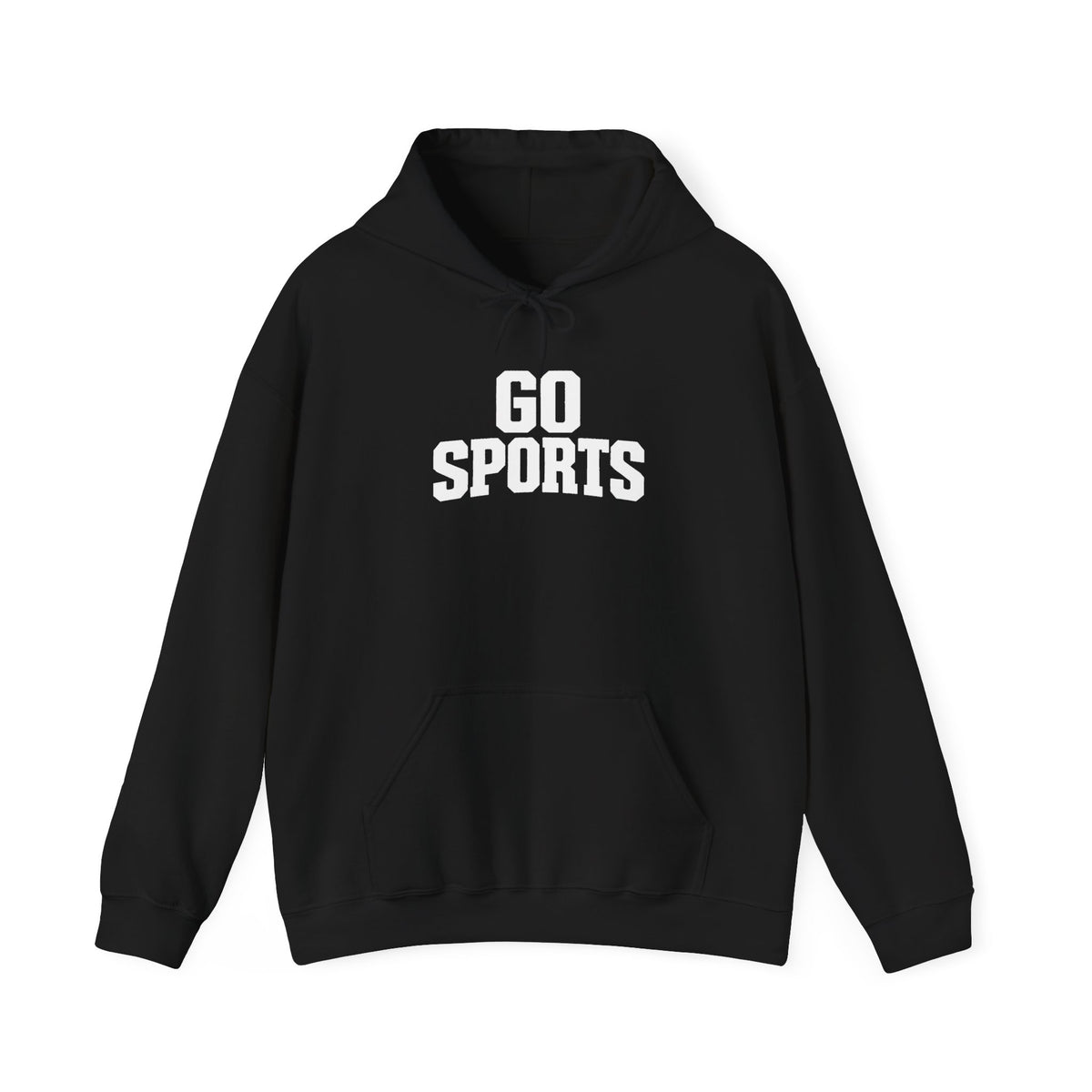Go Sports hoodie in black with front kangaroo pocket, drawstring hood, and logo